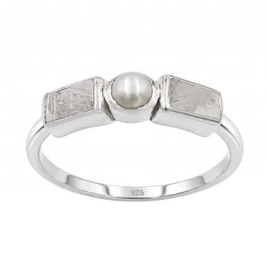 Meteorite and Pearl Ring in 925 Sterling Silver Handmade Jewelry