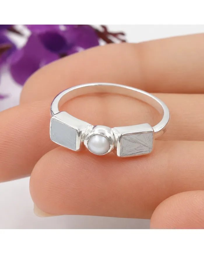 Meteorite and Pearl Ring in 925 Sterling Silver Handmade Jewelry