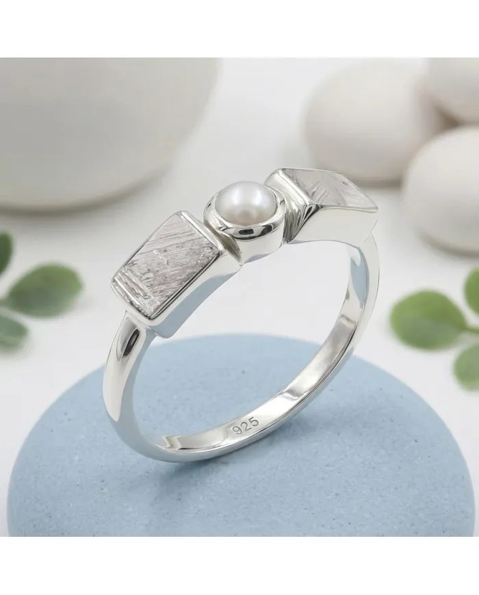 Meteorite and Pearl Ring in 925 Sterling Silver Handmade Jewelry