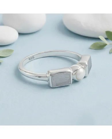 Meteorite and Pearl Ring in 925 Sterling Silver Handmade Jewelry