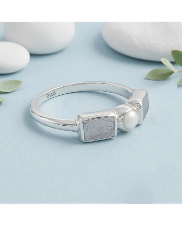 Meteorite and Pearl Ring in 925 Sterling Silver Handmade Jewelry