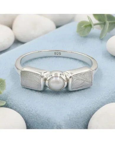 Meteorite and Pearl Ring in 925 Sterling Silver Handmade Jewelry