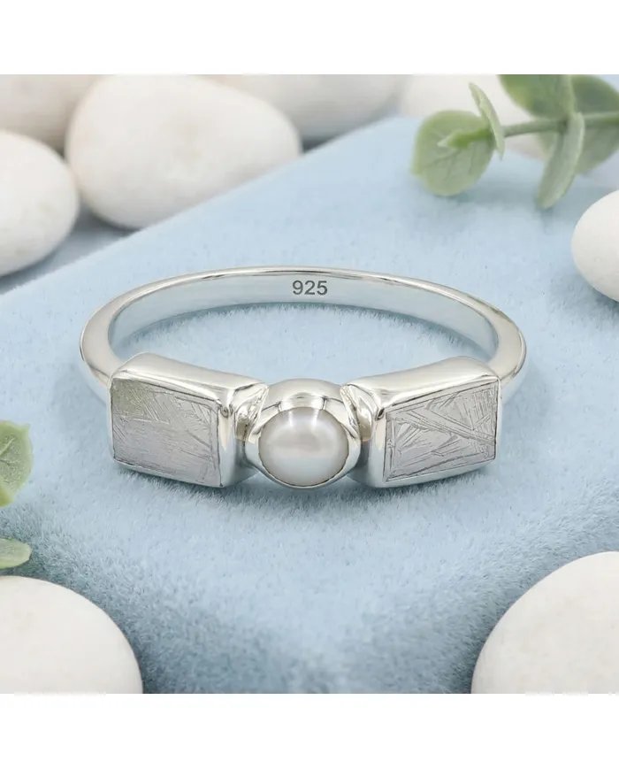 Meteorite and Pearl Ring in 925 Sterling Silver Handmade Jewelry