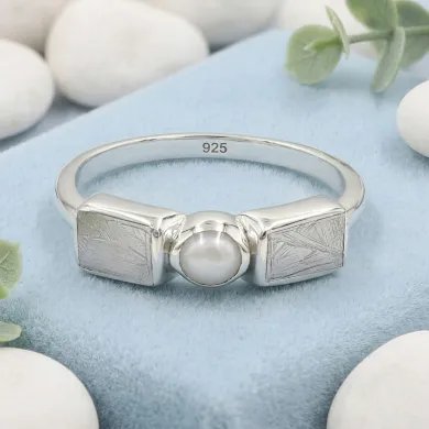 Meteorite and Pearl Ring in 925 Sterling Silver Handmade Jewelry