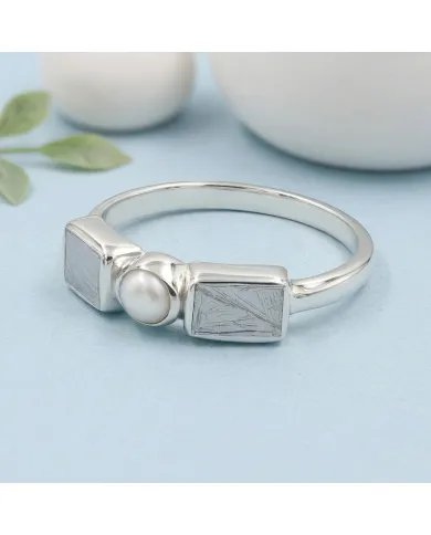 Meteorite and Pearl Ring in 925 Sterling Silver Handmade Jewelry