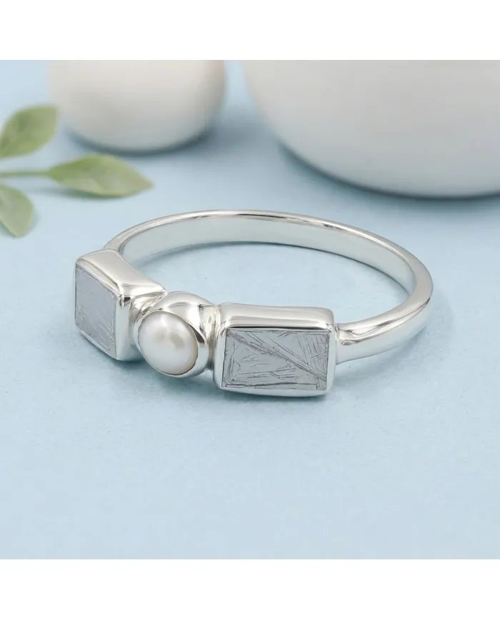 Meteorite and Pearl Ring in 925 Sterling Silver Handmade Jewelry