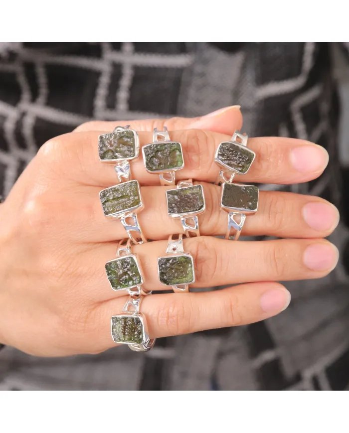 Raw Moldavite Ring 925 Sterling Silver - Handmade Gemstone Jewelry