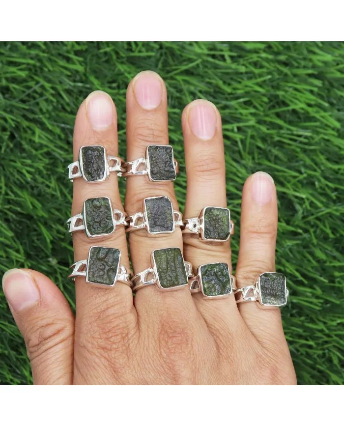 Raw Moldavite Ring 925 Sterling Silver - Handmade Gemstone Jewelry