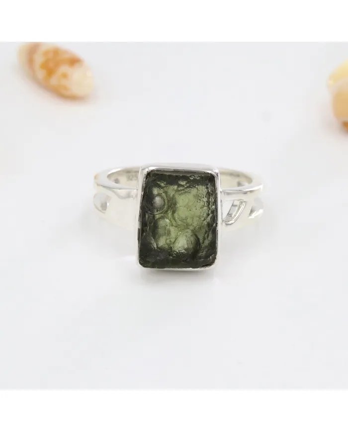 Raw Moldavite Ring 925 Sterling Silver - Handmade Gemstone Jewelry