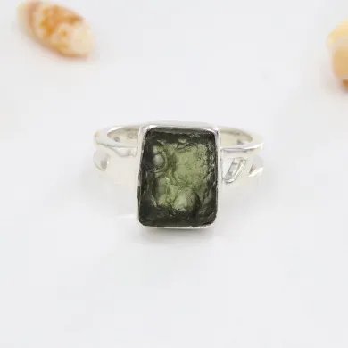 Raw Moldavite Ring 925 Sterling Silver - Handmade Gemstone Jewelry