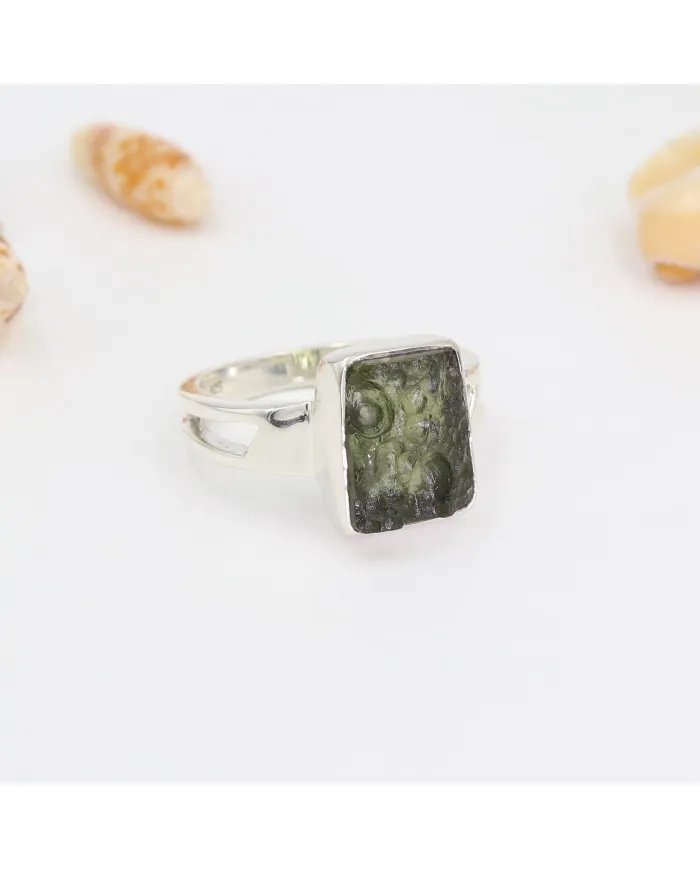 Raw Moldavite Ring 925 Sterling Silver - Handmade Gemstone Jewelry