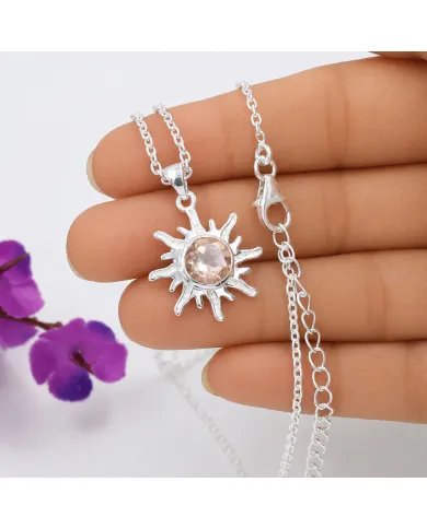 Radiant Sunburst Pendant with Morganite Gemstone in 925 Sterling Silver