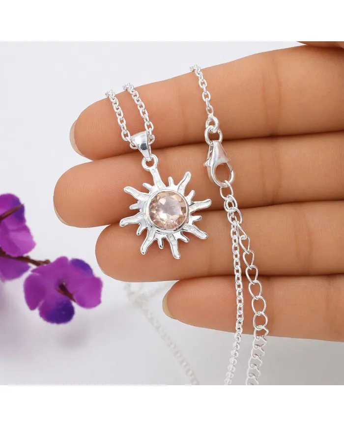 Radiant Sunburst Pendant with Morganite Gemstone in 925 Sterling Silver