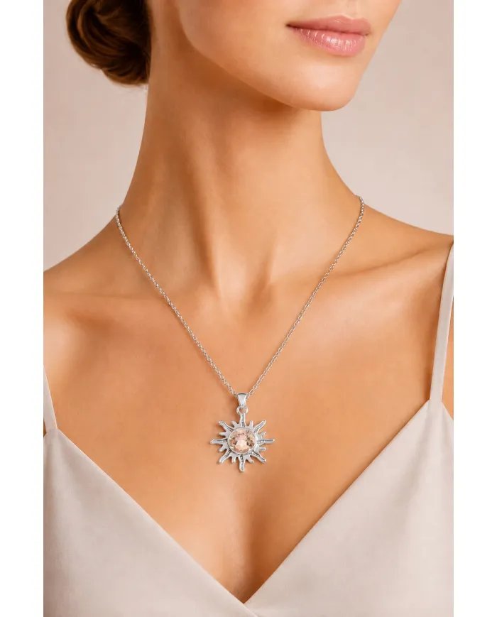 Radiant Sunburst Pendant with Morganite Gemstone in 925 Sterling Silver
