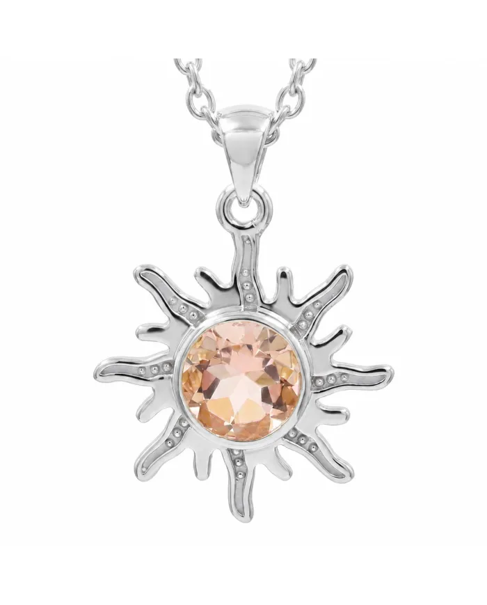Radiant Morganite Sunburst Pendant Necklace, 925 Sterling Silver