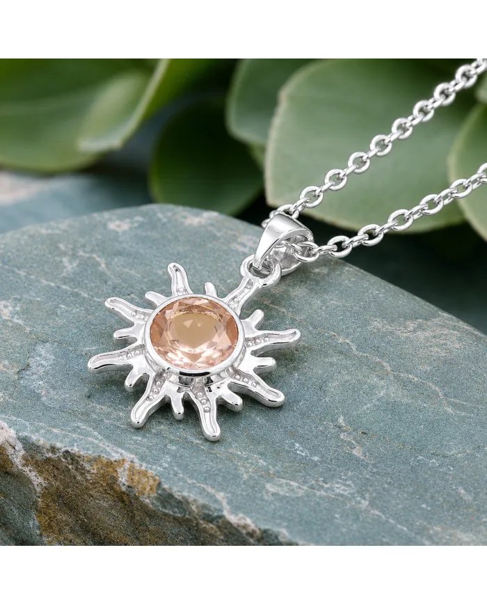 Radiant Sunburst Pendant with Morganite Gemstone in 925 Sterling Silver