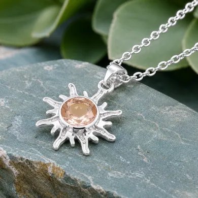 Radiant Sunburst Pendant with Morganite Gemstone in 925 Sterling Silver