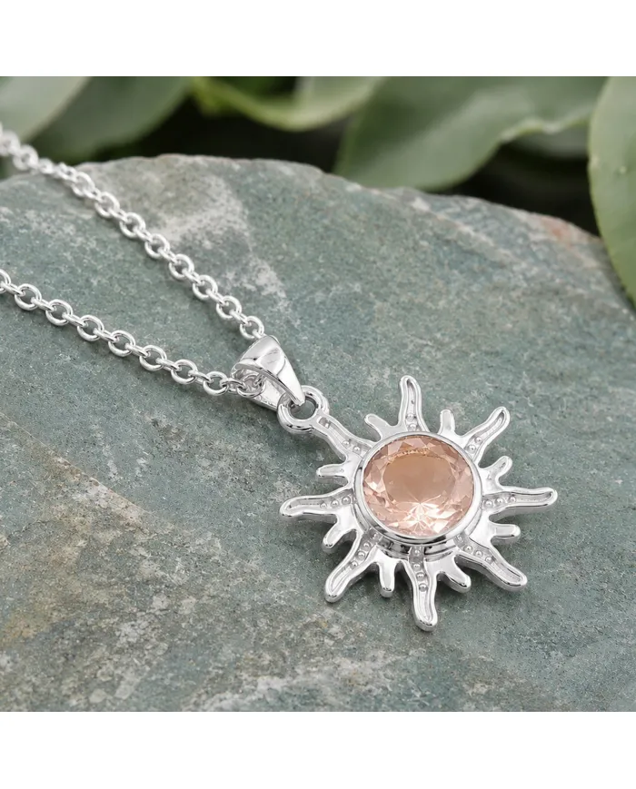 Radiant Morganite Sunburst Pendant Necklace, 925 Sterling Silver