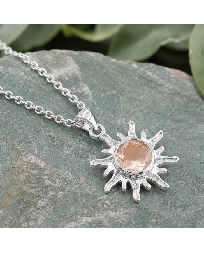Radiant Sunburst Pendant with Morganite Gemstone in 925 Sterling Silver