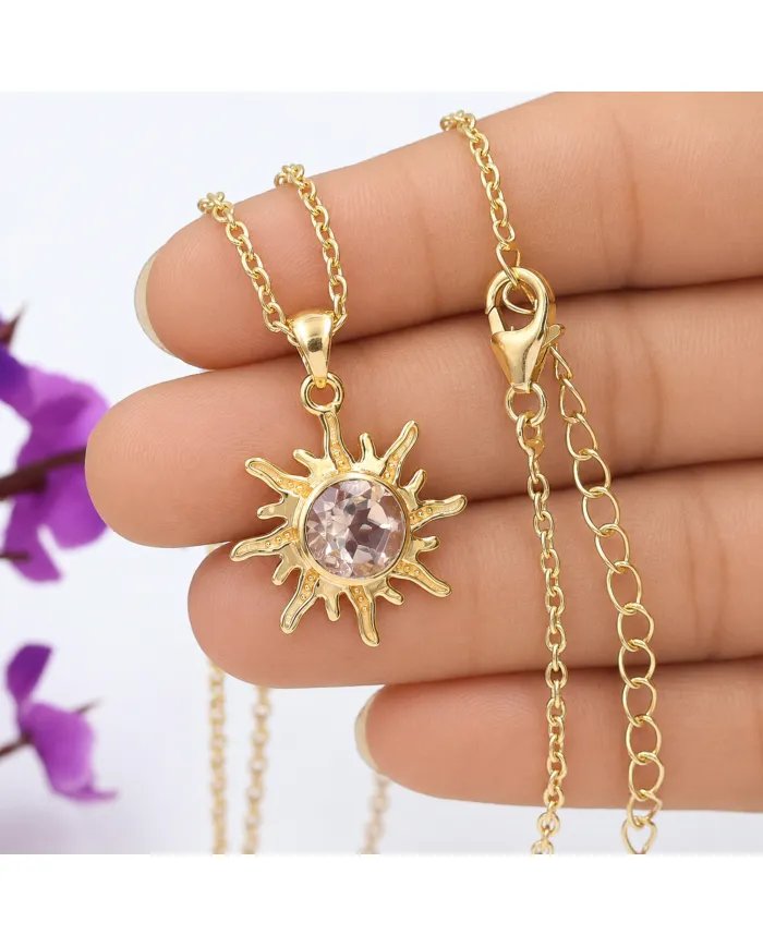 Radiant Sunburst Morganite Pendant in Gold-Plated 925 Sterling Silver