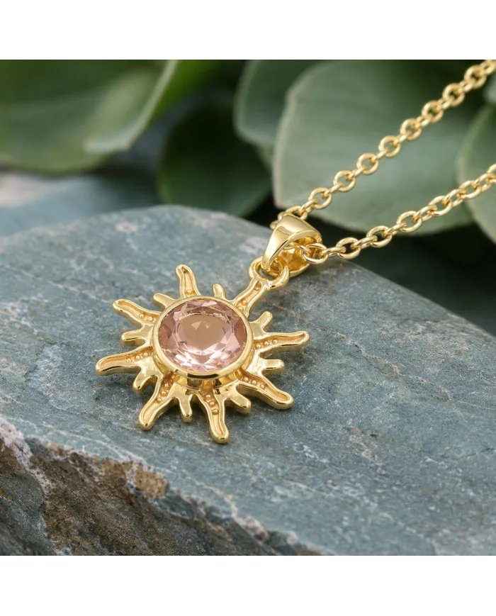 Radiant Sunburst Morganite Pendant in Gold-Plated 925 Sterling Silver