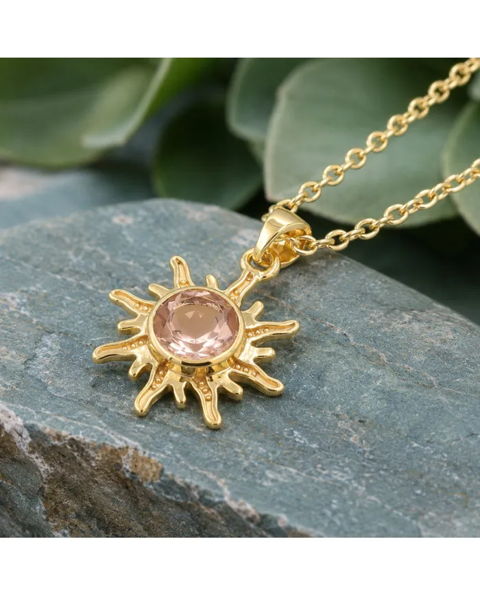 Sunburst Morganite Pendant Necklace, 18K Gold-Plated Silver Jewelry