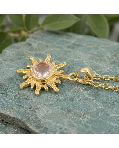 Radiant Sunburst Morganite Pendant in Gold-Plated 925 Sterling Silver