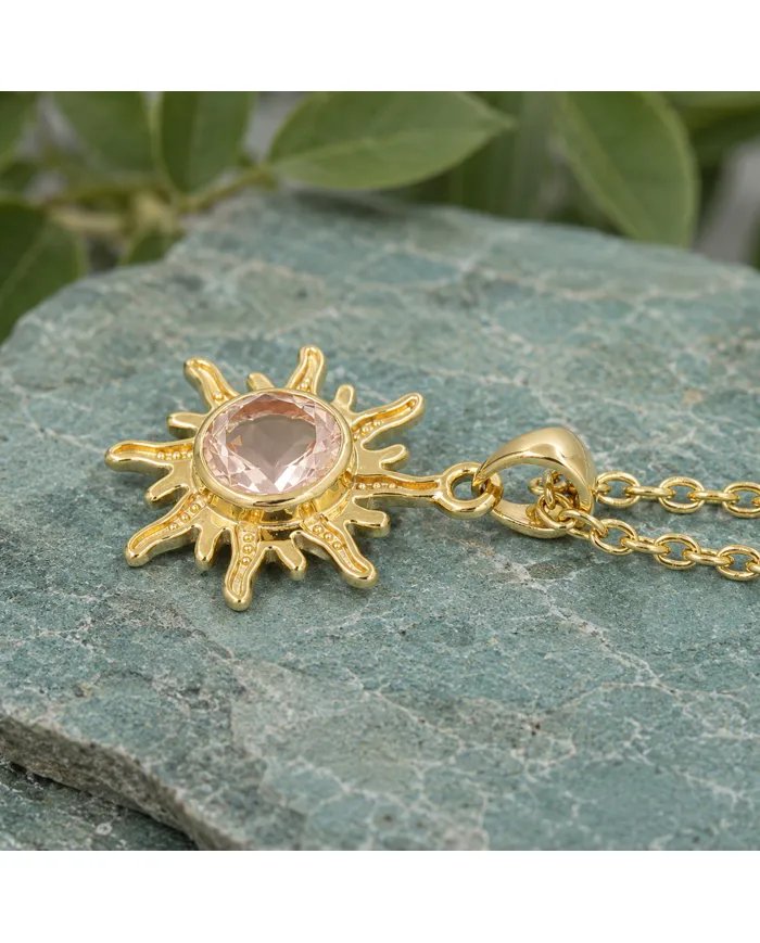 Radiant Sunburst Morganite Pendant in Gold-Plated 925 Sterling Silver