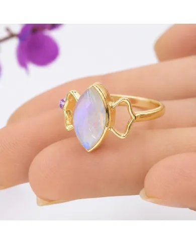 Gold Plated Marquise Moonstone Ring - 925 Sterling Silver Jewelry
