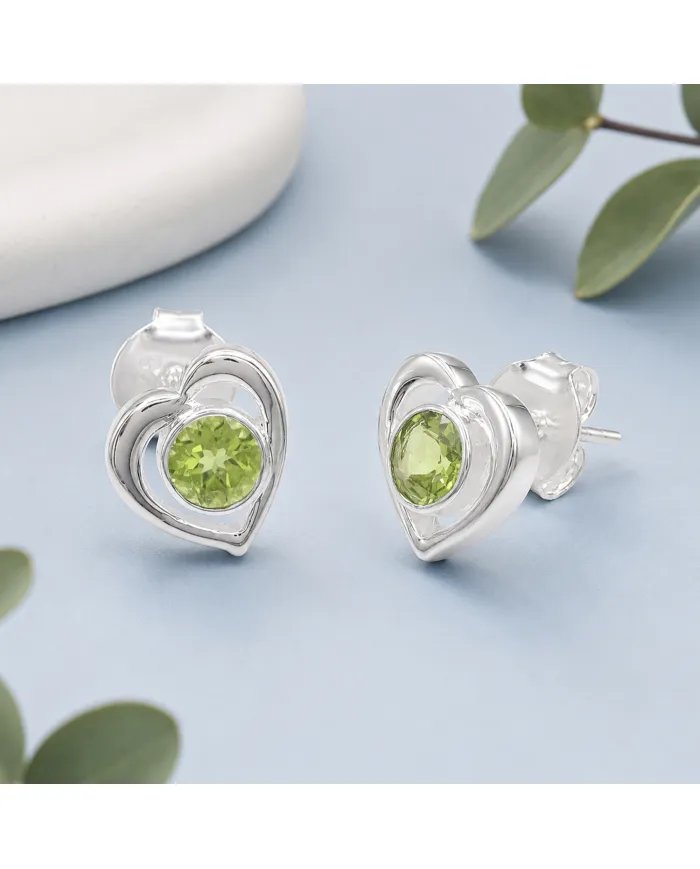Peridot Heart Stud Earrings - 925 Sterling Silver Handmade Jewelry