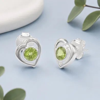 Peridot Heart Stud Earrings - 925 Sterling Silver Handmade Jewelry