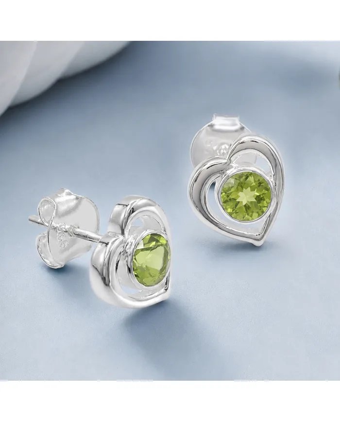 Peridot Heart Stud Earrings - 925 Sterling Silver Handmade Jewelry
