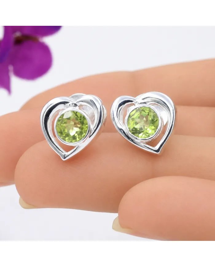 Peridot Heart Stud Earrings - 925 Sterling Silver Handmade Jewelry