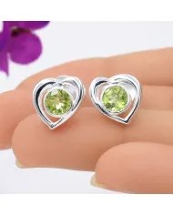 Peridot Heart Stud Earrings - 925 Sterling Silver Handmade Jewelry