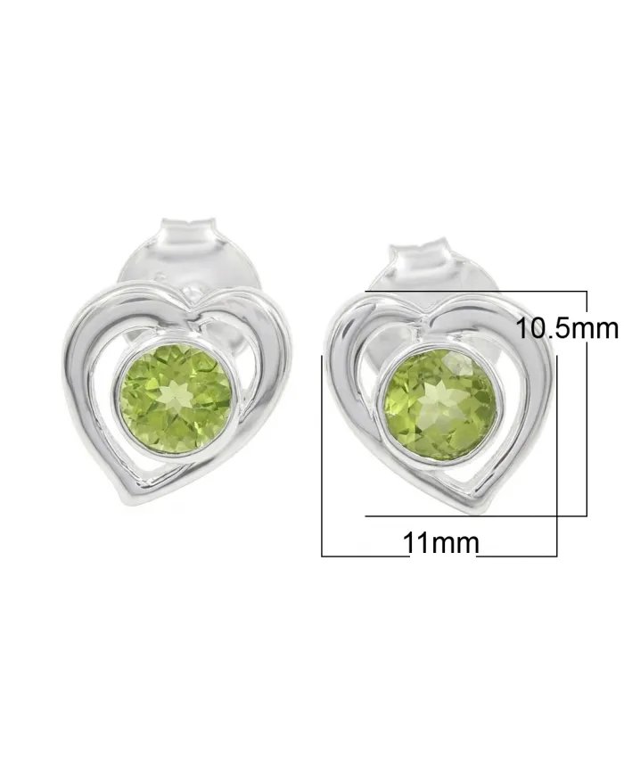 Peridot Heart Stud Earrings - 925 Sterling Silver Handmade Jewelry