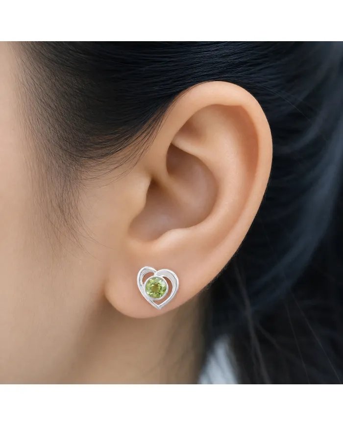 Peridot Heart Stud Earrings - 925 Sterling Silver Handmade Jewelry