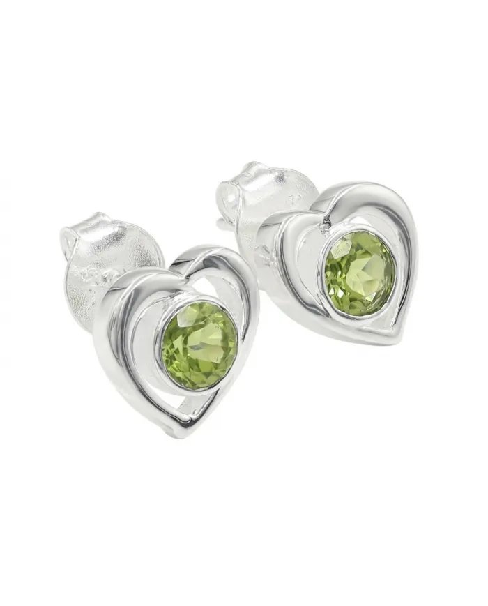 Peridot Heart Stud Earrings - 925 Sterling Silver Handmade Jewelry