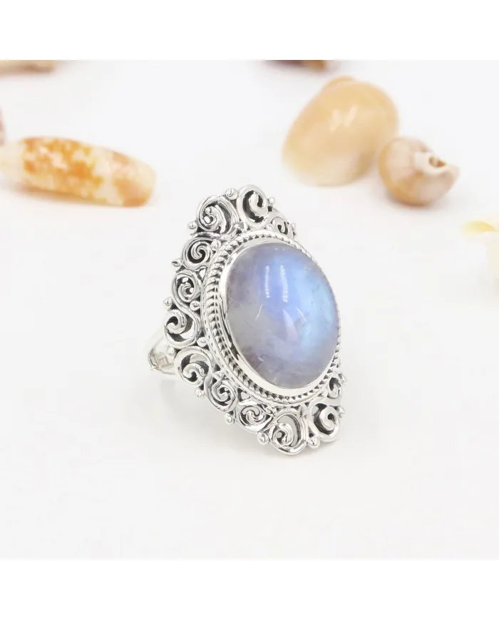 Moonstone Ring 925 Sterling Silver Handmade Boho Statement Jewelry