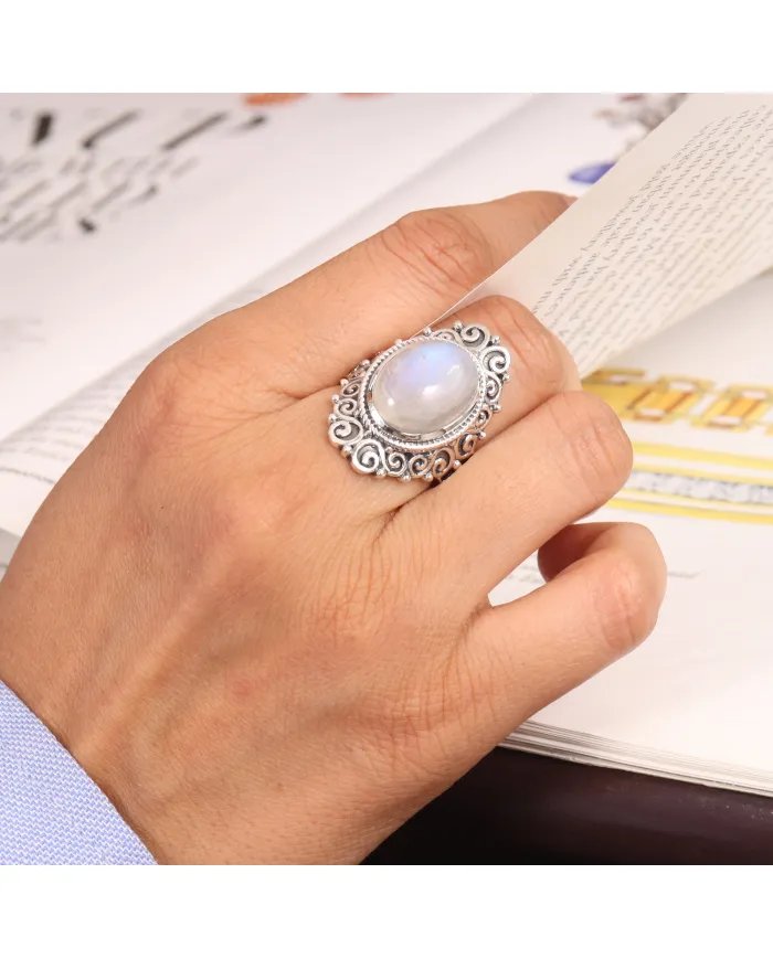 Moonstone Ring 925 Sterling Silver Handmade Boho Statement Jewelry