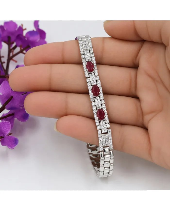 925 Sterling Silver Ruby and Swarovski Crystal Chain Bracelet