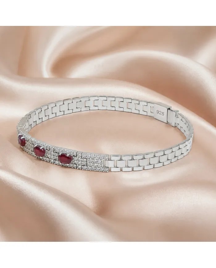 925 Sterling Silver Ruby and Swarovski Crystal Chain Bracelet