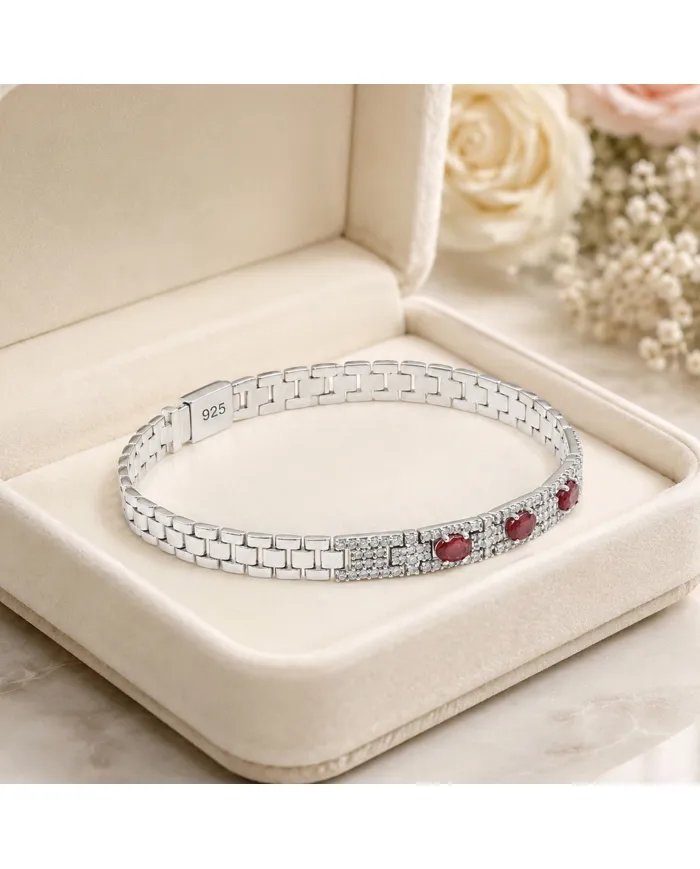 925 Sterling Silver Ruby and Swarovski Crystal Chain Bracelet