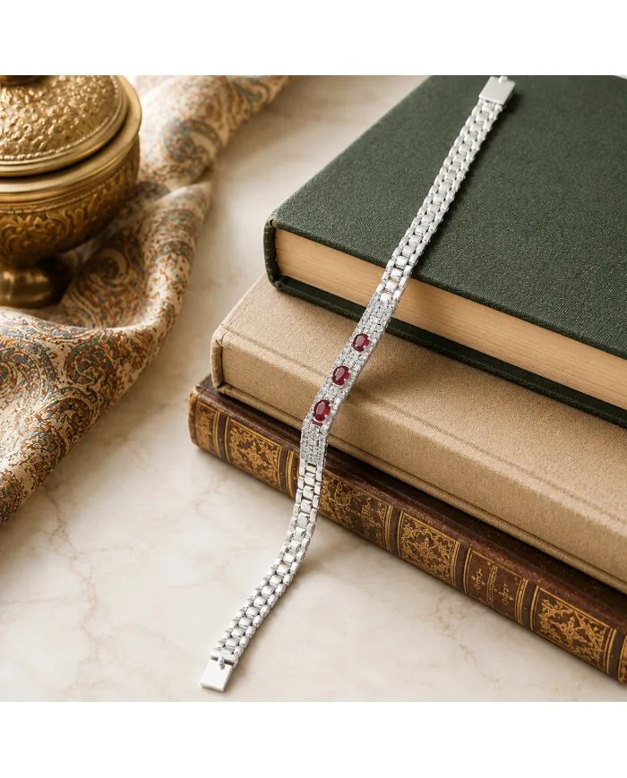 925 Sterling Silver Ruby and Swarovski Crystal Tennis Bracelet