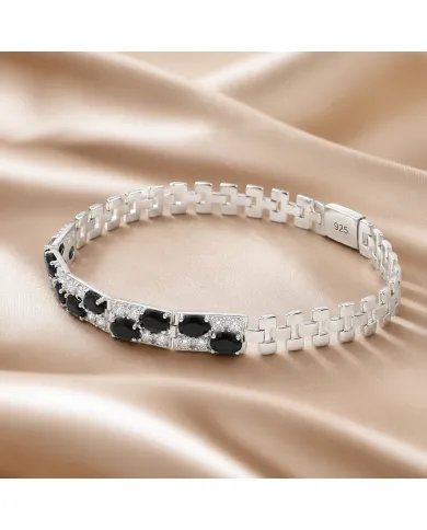 925 Sterling Silver Black Onyx & Swarovski Crystal Chain Bracelet