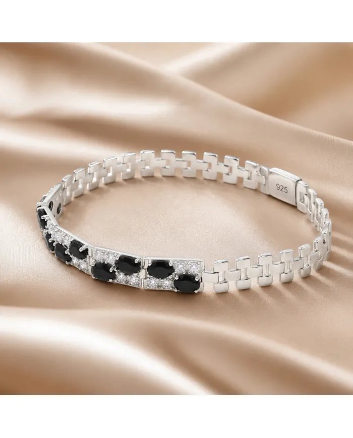 925 Sterling Silver Black Onyx & Swarovski Crystal Chain Bracelet