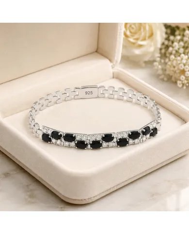 925 Sterling Silver Black Onyx & Swarovski Crystal Chain Bracelet