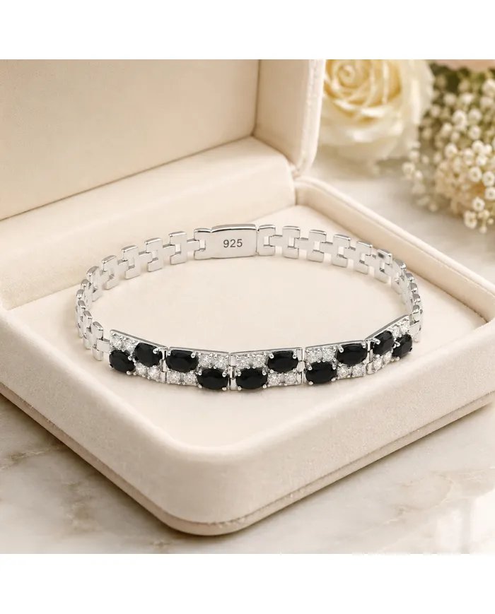 925 Sterling Silver Black Onyx & Swarovski Crystal Chain Bracelet