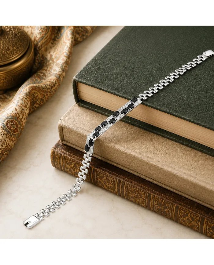 925 Sterling Silver Black Onyx & Swarovski Crystal Chain Bracelet