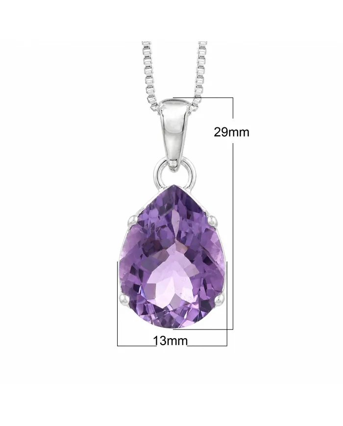 Natural Pear-Cut Amethyst Pendant in 925 Sterling Silver Jewelry