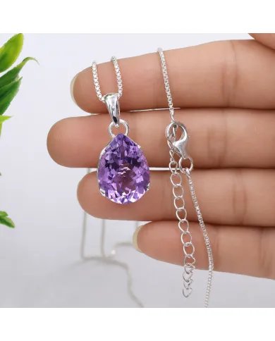Natural Pear-Cut Amethyst Pendant in 925 Sterling Silver Jewelry